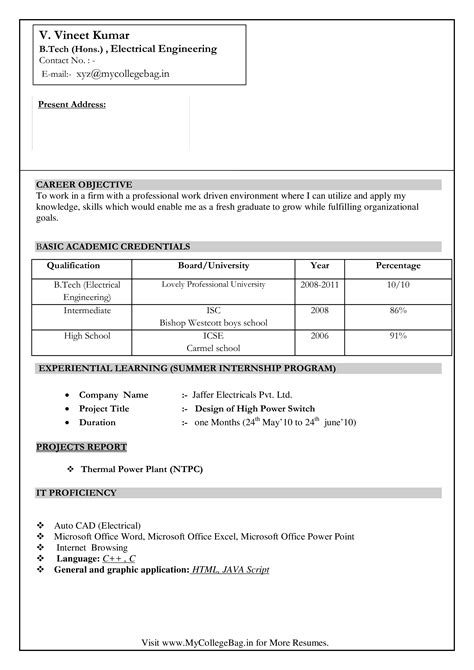 Resume models for freshers of electrical engineers